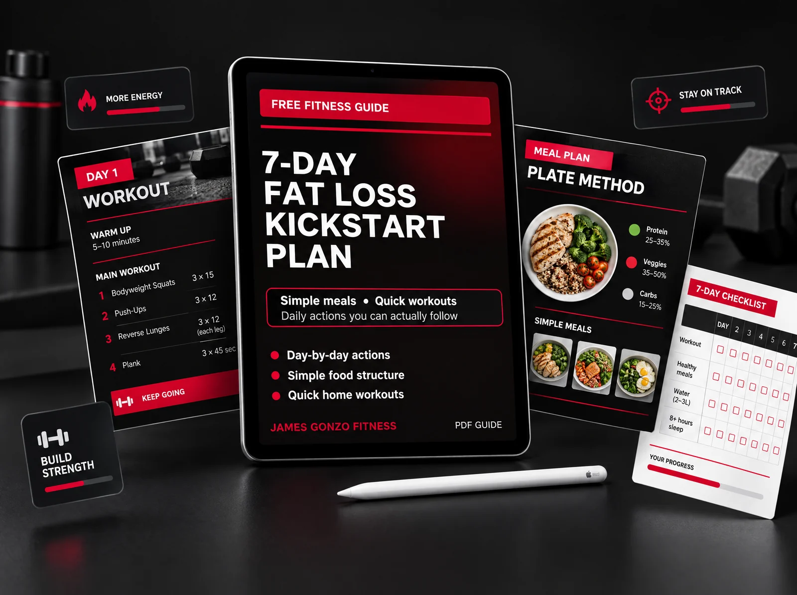 The 7-Day Fat Loss Kickstart Plan shown as an interactive digital guide bundle
